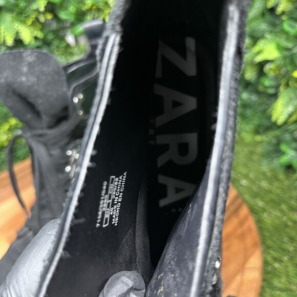 ZARA Boots Women 9 US 40 EU Black Moto Combat‎ Chunky Heel Lace Up Ankle 2111 - Picture 14 of 14